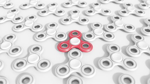 Red and white Fidget Spinners endless loop animation on white background with mask and alpha matte, popular relaxing toy. Perspective view.