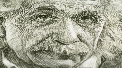 ISRAEL - CIRCA 1968: Albert Einstein on Israel 5 pounds banknote tracking. Slider shot. Low angle, macro. 4K