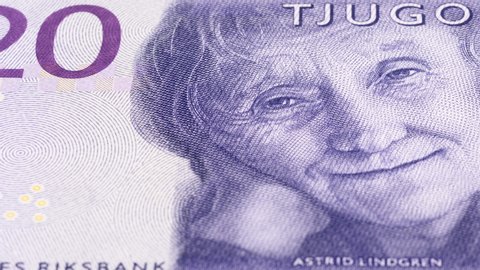 Sweden 20 krona banknote tracking. Swedish money background. Slider shot. Low angle, macro. 4K