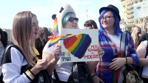KHARKIV, UKRAINE - September 15, 2019: Group of girls celebrating pride day