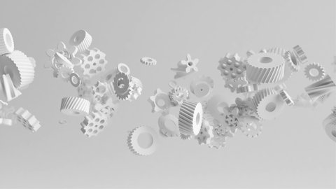 Abstract animation of Cogwheels gear.Engine gear mechanism movement.Idea futuristic technological background.White material.Transmission clutch details flying abstract.