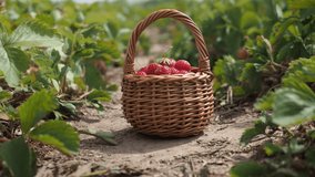 A pile of pickled red strawberries in a basket on the strawberry farm field in 4K VIDEO. Illuminated by sunlight. Low depth of field and blurred background. Close-up.