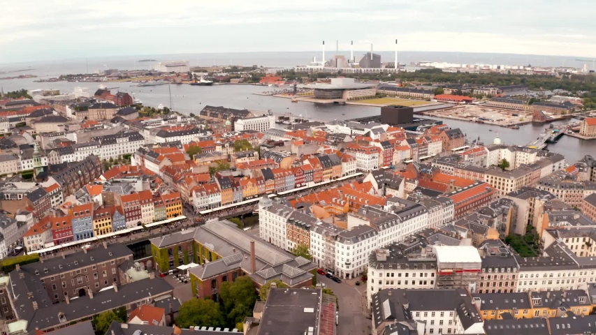 aerial view of nyhavn at sunrise in the old town of copenhagen