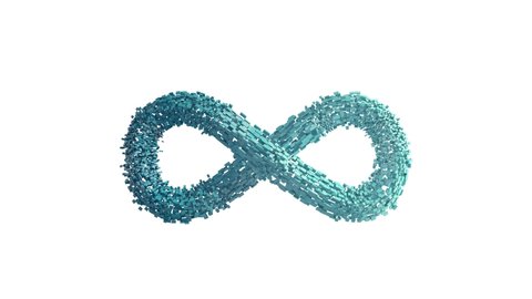 The infinity symbol is formed from many small particles. Technological modern presentation of infinity.