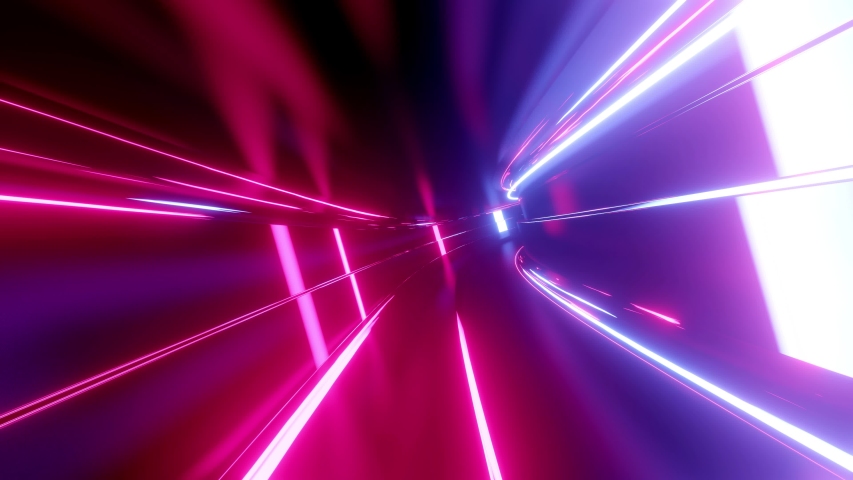 4k looped abstract high-tech tunnel with neon lights, camera flies through tunnel, purple neon lights flicker. Sci-fi background in the style of cyberpunk or high-tech future. Futuristic background  Royalty-Free Stock Footage #1047166144