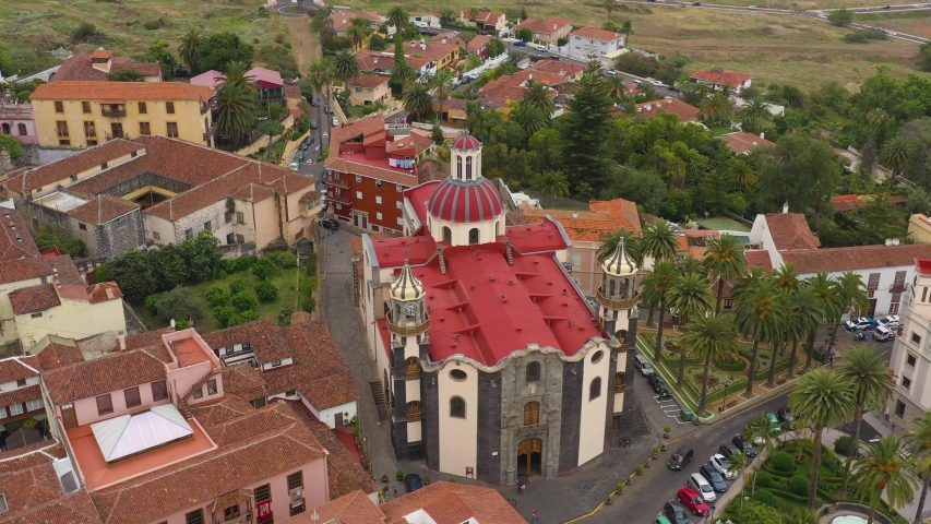 Aerial view of historic buildings and the Church of Our Lady of Conception. La Orotava, Tenerife, Canary Islands, Spain