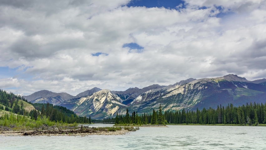 Timelapse of Colin Range Mountains and Athabasca River, Jasper Nati Park, Canada