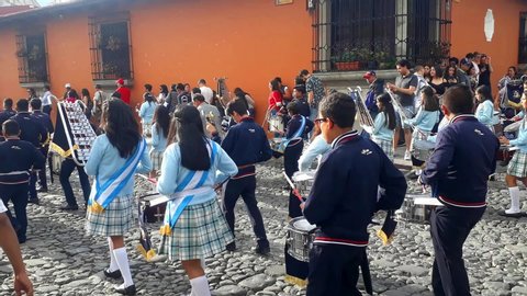 Antigua, Sacatepéquez / Guatemala - february 22nd 2020: Guatemala, antigua marching band from independence day celebrations in the town centre