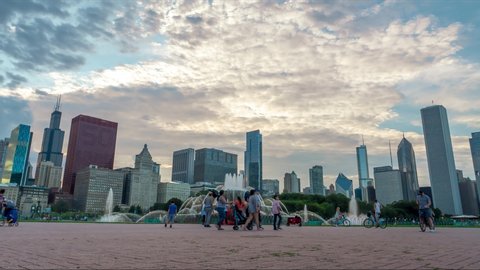 Low angle motion timelapse with Buckingham fountain in the foreground and Chicago skyline in the background. July 25th, 2018