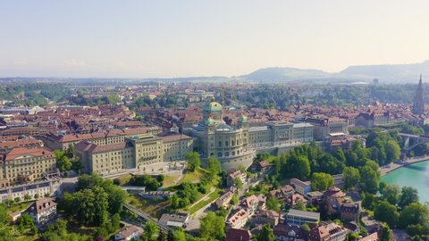 Bern, Switzerland. Federal Palace. Bundeshaus, Historic city center, general view, Aerial View