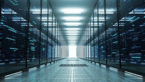 Data center with endless servers. Network and information servers behind glass panels. Server room with twinkling lights. 4K high quality loop animation