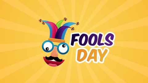 happy fools day card with crazy mask and buffoon hat ,4k video animated