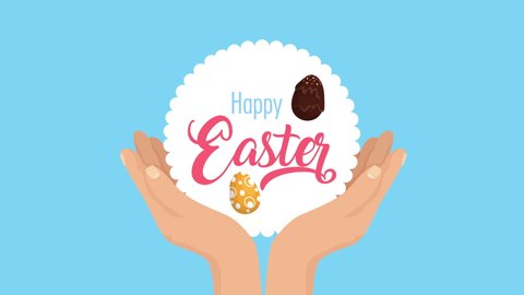 happy easter animated card with hands lifting lettering,4k video animated