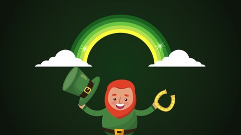 st patricks day animated card with elf and rainbow ,4k video animation स्टॉक वीडियो