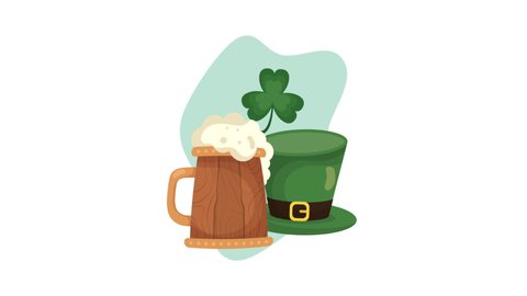 st patricks day animated card with beer and elf hat ,4k video animation