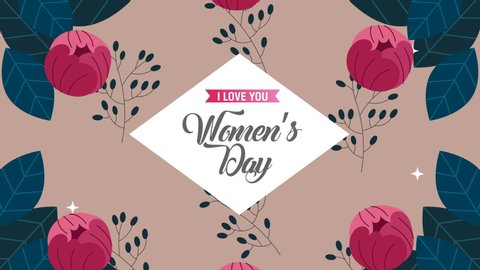 happy womens day card with roses flowers diamond frame ,4k video animated