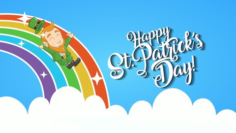 St patrick's  day animated card with elf and coins in rainbow ,4k video animation