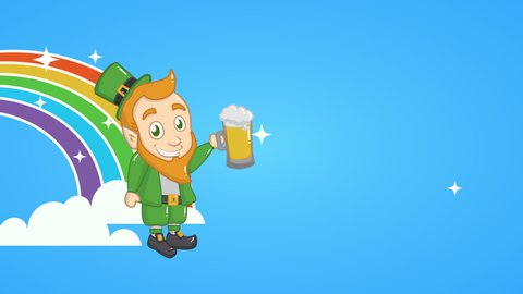 st patricks day animated card with elf drinking beer ,4k video animation