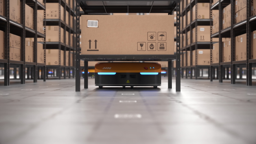 Autonomous robot lifts shelf and moves it off screen in automated warehouse. Seamless looping close-up shot. Automated warehouse of the future concept. Realistic high quality 3d rendering animation. Royalty-Free Stock Footage #1047193654