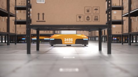 Autonomous robot lifts shelf and moves it off screen in automated warehouse. Seamless looping close-up shot. Automated warehouse of the future concept. Realistic high quality 3d rendering animation.