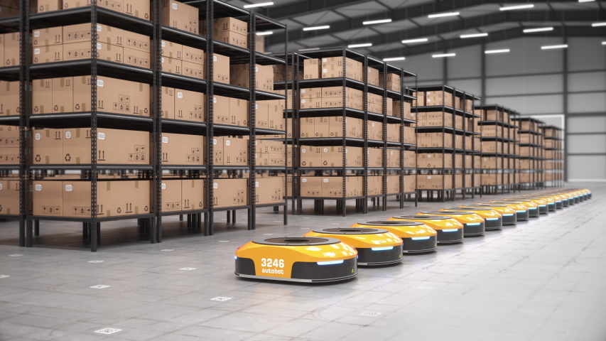 Row of autonomous robots start moving shelves with cardboard boxes in automated warehouse. ¾ tracking shot. Automated warehouse of the future concept. Realistic high quality 3d rendering animation. Royalty-Free Stock Footage #1047193657