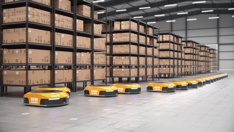 Row of autonomous robots start moving shelves with cardboard boxes in automated warehouse. ¾ tracking shot. Automated warehouse of the future concept. Realistic high quality 3d rendering animation.