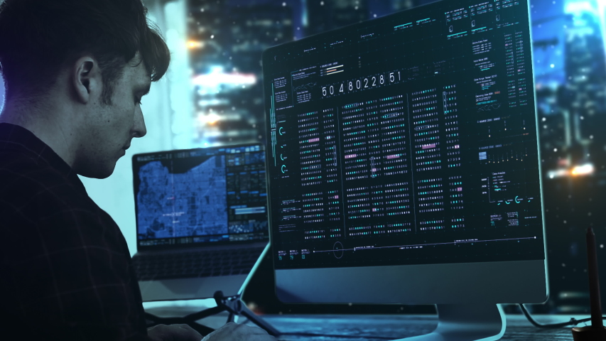A programer hacker trying to breached the computer security by using algorithm source code to exploit weakness in password security with futuristic metropolis in the background Royalty-Free Stock Footage #1047194821