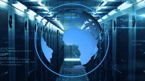 Animation of globe spinning, data processing and digital information flowing through network of computer servers in a server room with white light trails flashing on surface.  - Powered by Shutterstock - Get 15% off with code: PIKWIZARD15