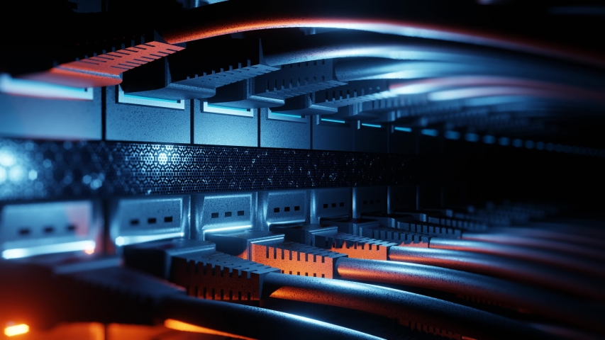 Close-up view of modern internet network switch with plugged ethernet cables. Blinking blue lights on internet server. 4k 3d endless loop. Royalty-Free Stock Footage #1047231499