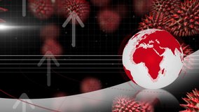 Animation of white and red digital globe rotating, information processing arrows pointing upwards with red macro corona virus spreading. Global epidemic health care media and information network - Powered by Shutterstock - Get 15% off with code: PIKWIZARD15