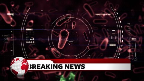 Animation of the words Breaking News written in black on white and red banner, scope scanning with brown and green macro corona virus and bacteria spreading. Global epidemic health care media and