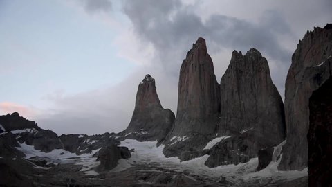 Cloud Time Lapse at Sunrise at Base Las Torres in Torres del Paine National Park in the Patagonia Region of the Andes in Southern Chile