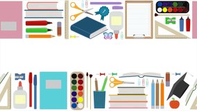 Back to school, day of knowledge, teacher's day. Seamless border with moving school supplies. Video advertising, school stationery sale. Web banner, education concept. Endless School Screensaver