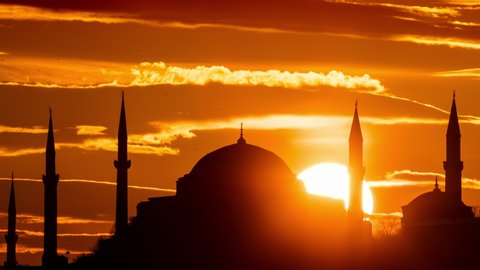 Hagia Sophia (Ayasofya) and Sunset. Istanbul silhouette. 4K Footage in Turkey