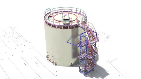 BIM project of an industrial oil storage tank for oil and gasoline. 3D rendering. Circular flyover of the model with the drawing.