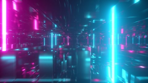 Flying in a technological abstract space with luminous neon tubes. Cyberpunk style. Modern ultraviolet spectrum of light. Blue purple color. Seamless loop 3d render