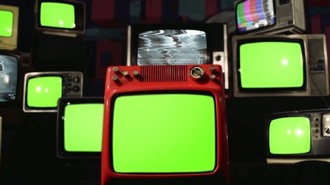 Ten Old TVs turning on Green Screens. Zoom In. You can Replace Green Screen with the Footage or Picture you Want with “Keying” effect in After Effects (check out tutorials on YouTube).