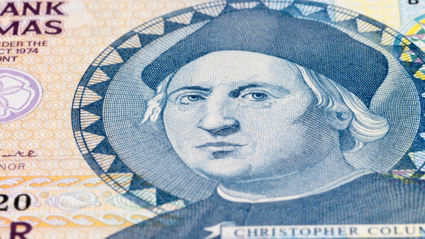 Christopher Columbus portrait on Bahamas 1 dollar banknote tracking. Slider shot. Low angle, macro. 4K