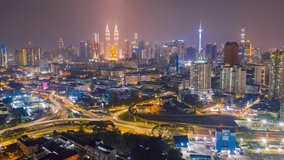 aerial view hyperlapse 4k video of Kuala Lumpur city center view during dawn overlooking the city skyline in Federal Territory, Malaysia. 