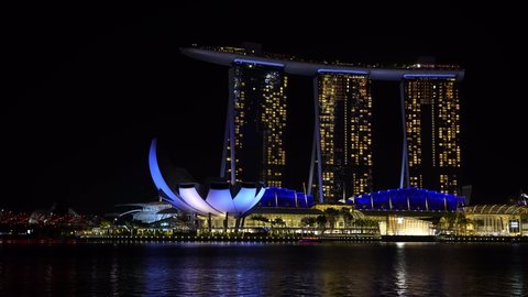 Singapore city, Singapore - february 26, 2020 : Marina Bay Sands hotel is an integrated resort fronting Marina Bay at night view in Singapore