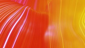 Beautiful abstract background of waves on surface, red yellow color gradients, extruded lines as striped fabric surface with folds or waves on liquid. 4k loop. Glow lines. 