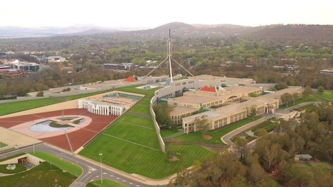 Aerial drone view of Australian Parliament House in Canberra, the capital city of Australia, in the early morning 