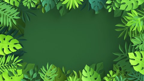3d render, abstract paper tropical palm leaves waving isolated on green background, botanical wallpaper seamless animation, jungle nature motion design, frame with copy space