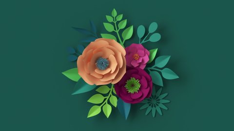 3d render, abstract floral arrangement appearing over dark green wall, botanical background animation, pink peachy orange paper flowers and green leaves growing
