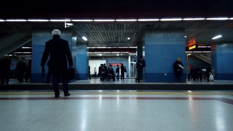 New York City, United States - February 26, 2020: Time-lapse of people waiting and boarding trains at subway station platform in Ankara, Turkey. Turkey city life, or public transportation concept 