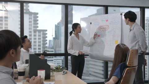 Young asian business woman presenting data idea marketing on board in office. Asia woman show mind mapping and ideas to business partner or colleagues group enjoy teamwork in small office