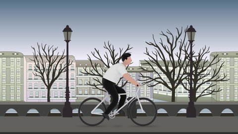 Cartoon man riding a bicycle on autumn city background. 3D rendering, motion graphic animation.