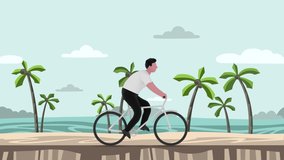 Cartoon man riding a bicycle on the sea and palms background. 3D rendering, motion graphic animation.