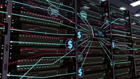 Digital marketing symbols on datacenter. The concept of online shopping, internet business, cyber shop and ecommerce 3D rendering animation. Expansion on server racks. - Powered by Shutterstock - Get 15% off with code: PIKWIZARD15