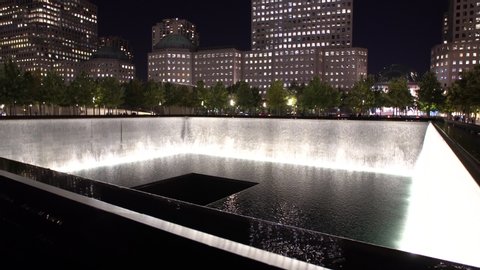 NEW YORK CITY, USA - OCTOBER 18, 2017: World Trade Center Ground Zero Memorial Water Fountain